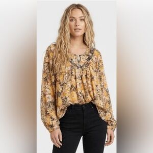 Free People Boho Floral Smocked Yoke Blouse - Yellow Floral